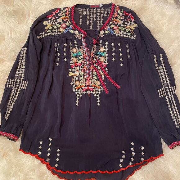 Johnny Was Embroidered Boho Blouse S/M/L | Dragonfly Floral Navy Tunic Rare - Picture 1 of 13